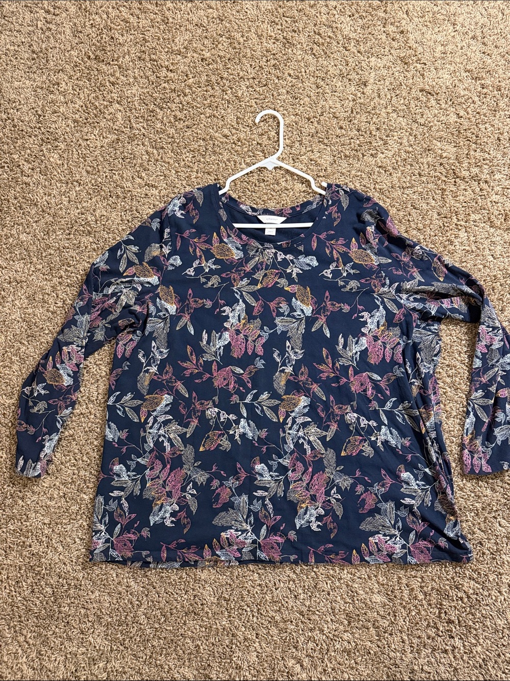 CJ Banks Navy Floral Long Sleeve Scoop Neck Top with Pink & Gold Leaves